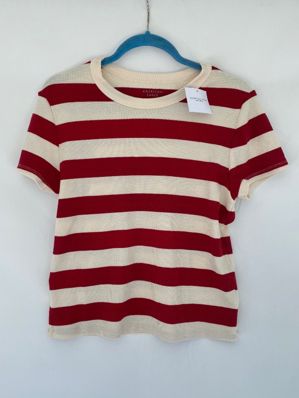 American Eagle Red Waffle Hey Baby Striped Tee Shirt NWT